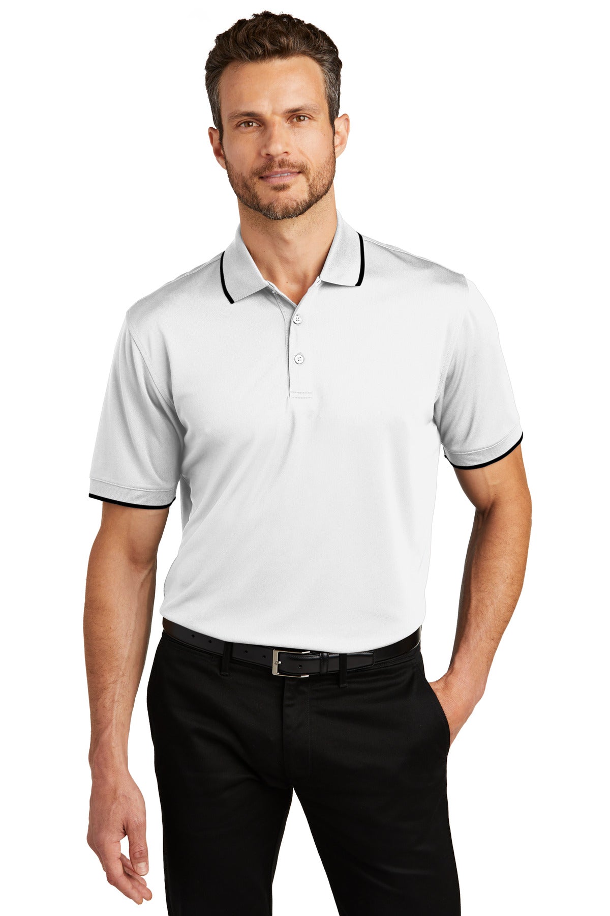 Front View of White/Dp Black Port Authority Dry Zone UV Micro-Mesh Tipped Polo. K111
