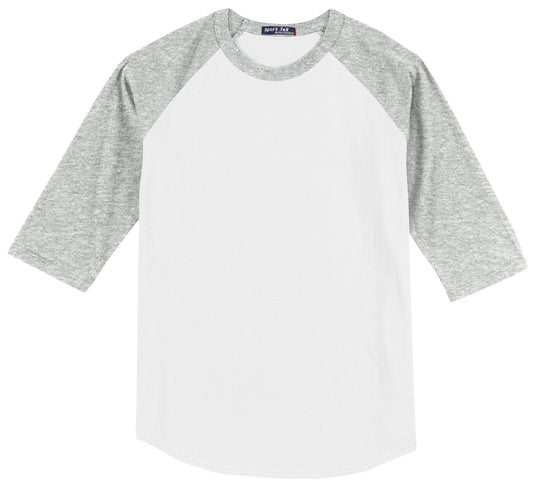 Front View of White/Grey Hth Sport-Tek Youth Colorblock Raglan Jersey. YT200