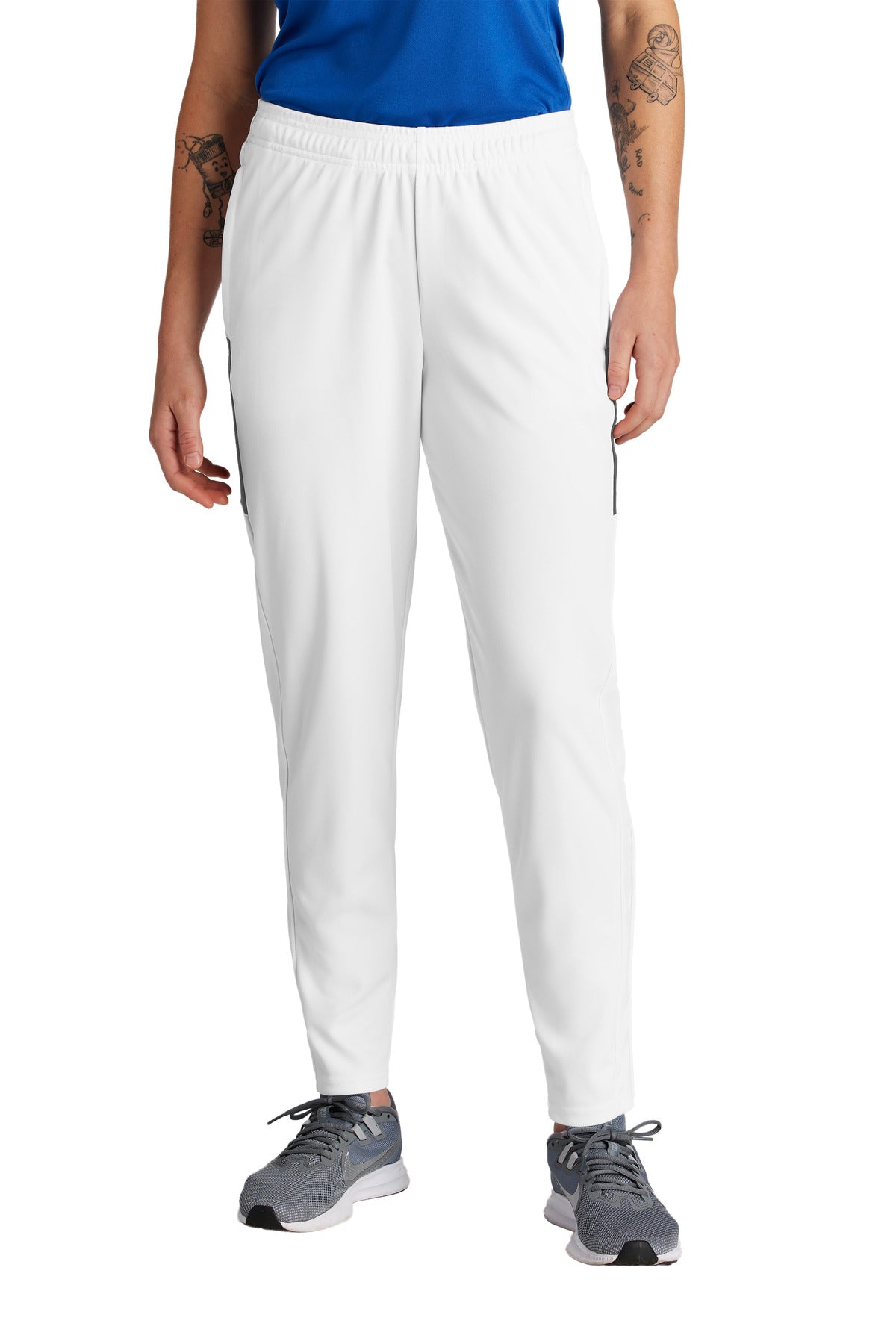 Front View of White/IrGy Sport-Tek Women's Travel Pant LPST800