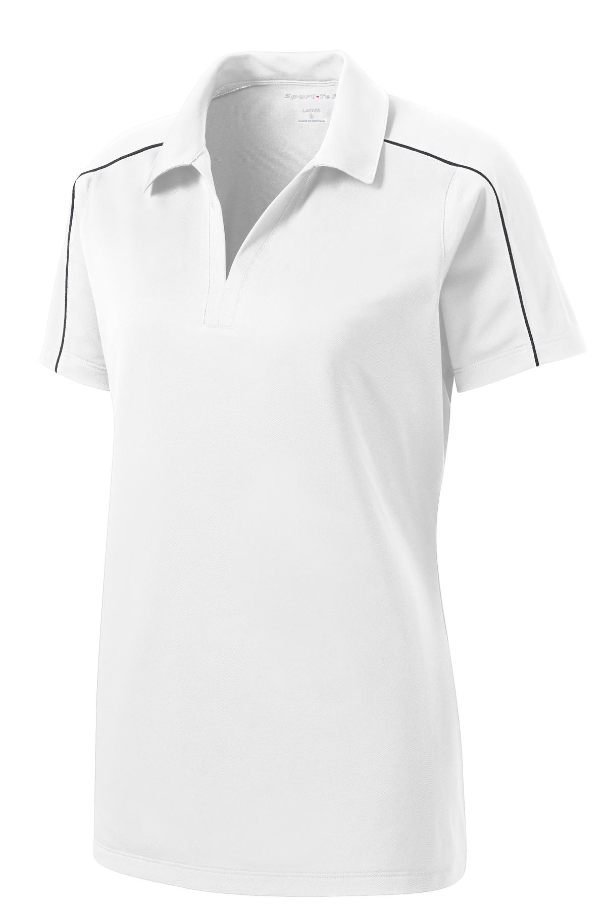 Front View of White/Iron Gry Sport-Tek Women's Micropique Sport-Wick Piped Polo. LST653