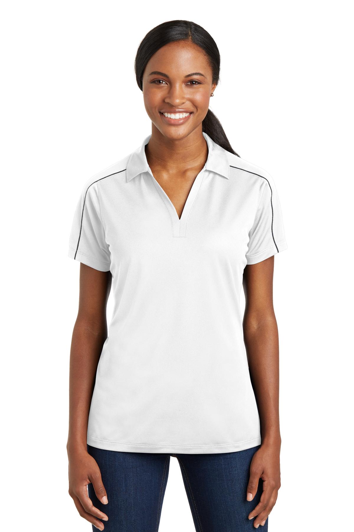 Front View of White/Iron Gry Sport-Tek Women's Micropique Sport-Wick Piped Polo. LST653