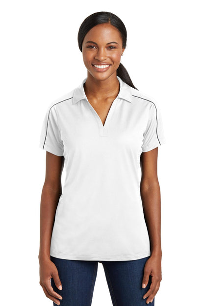 Front View of White/Iron Gry Sport-Tek Women's Micropique Sport-Wick Piped Polo. LST653
