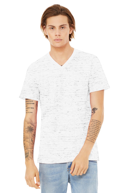 Front View of WhiteMrbl BELLA+CANVAS Unisex Textured Jersey V-Neck Tee BC3655