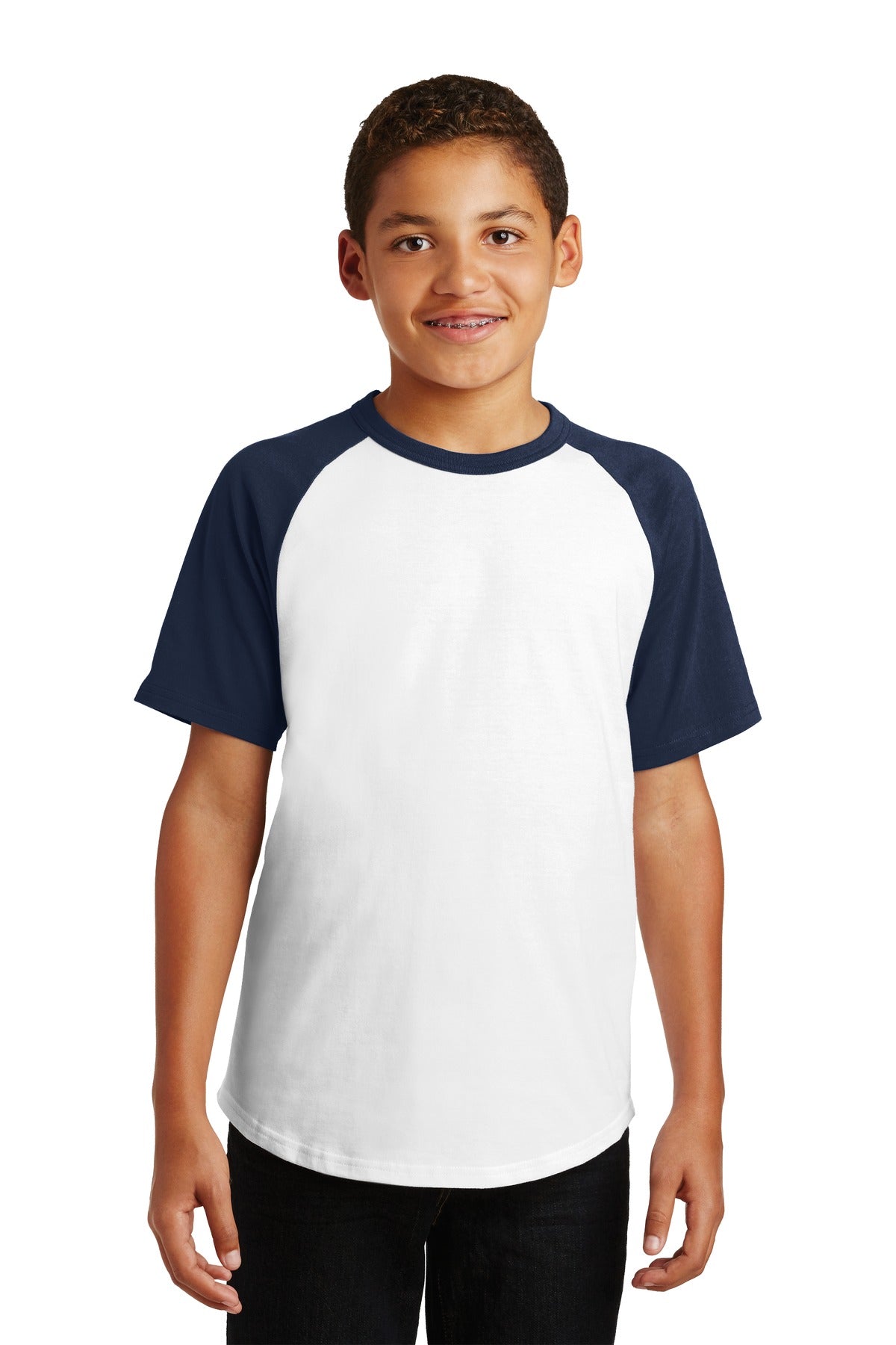 Front View of White/Navy Sport-Tek Youth Short Sleeve Colorblock Raglan Jersey. YT201