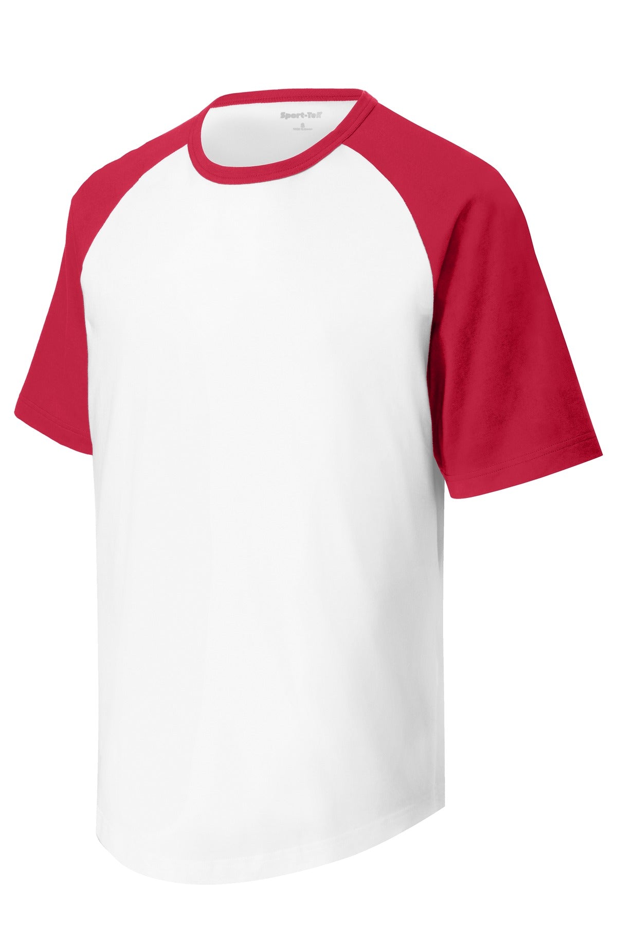 Front View of White/Red Sport-Tek Youth Short Sleeve Colorblock Raglan Jersey. YT201