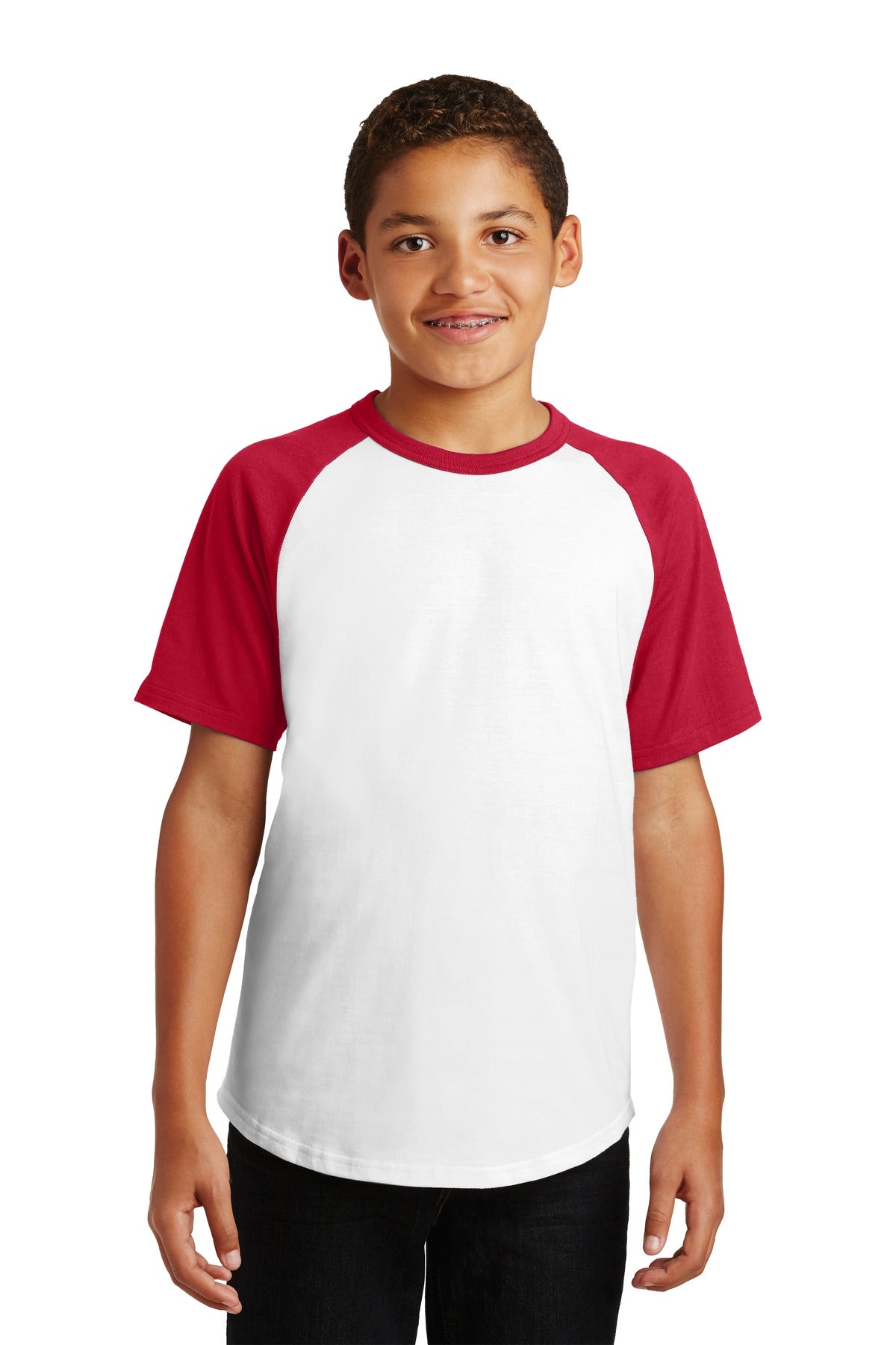 Front View of White/Red Sport-Tek Youth Short Sleeve Colorblock Raglan Jersey. YT201