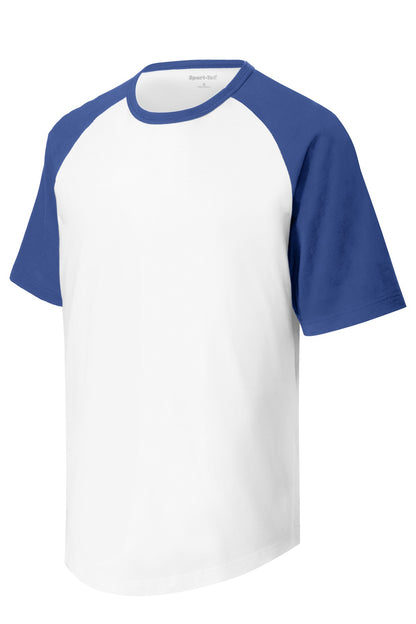 Front View of White/Royal Sport-Tek Youth Short Sleeve Colorblock Raglan Jersey. YT201