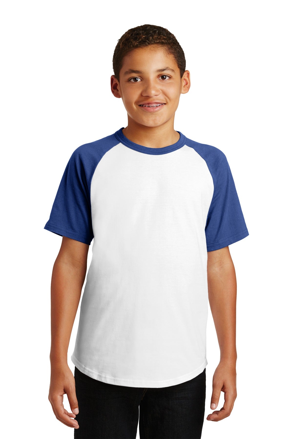 Front View of White/Royal Sport-Tek Youth Short Sleeve Colorblock Raglan Jersey. YT201