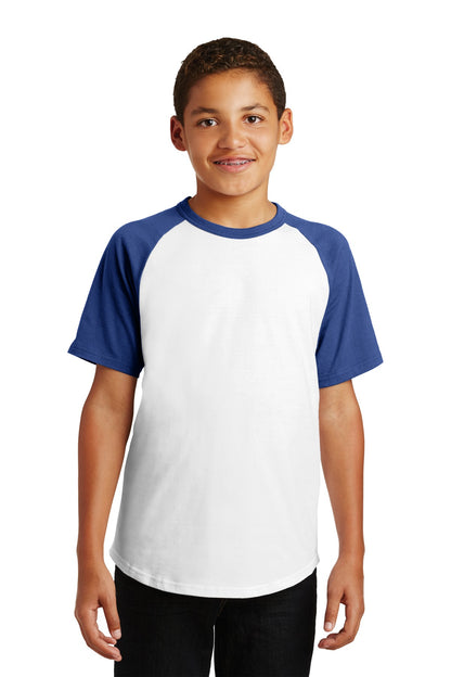 Front View of White/Royal Sport-Tek Youth Short Sleeve Colorblock Raglan Jersey. YT201