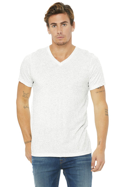 Front View of Wht Fleck TB BELLA+CANVAS Unisex Triblend Short Sleeve V-Neck Te. BC3415