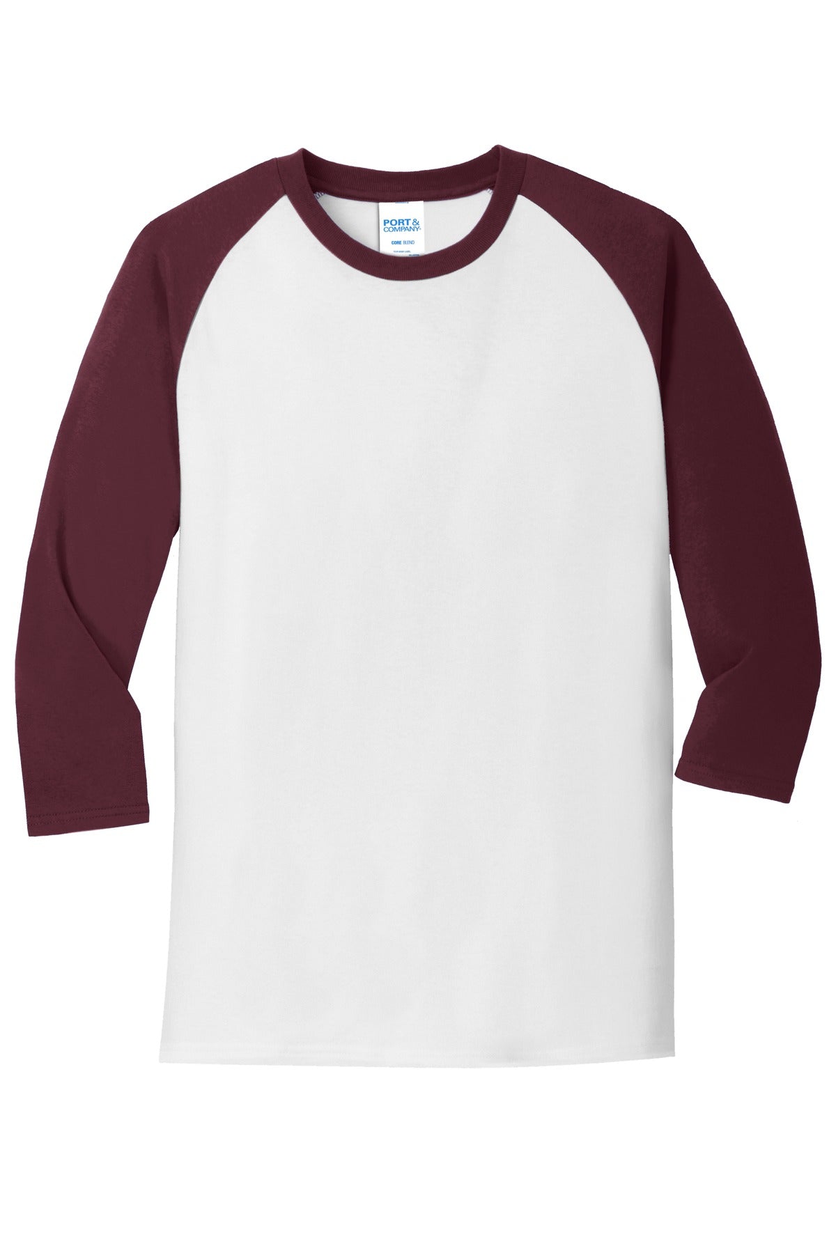 Front View of Wht/Ath Maroon Port & Company Core Blend 3/4-Sleeve Raglan Tee. PC55RS