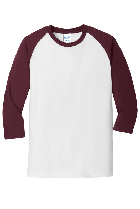Front View of Wht/Ath Maroon Port & Company Core Blend 3/4-Sleeve Raglan Tee. PC55RS