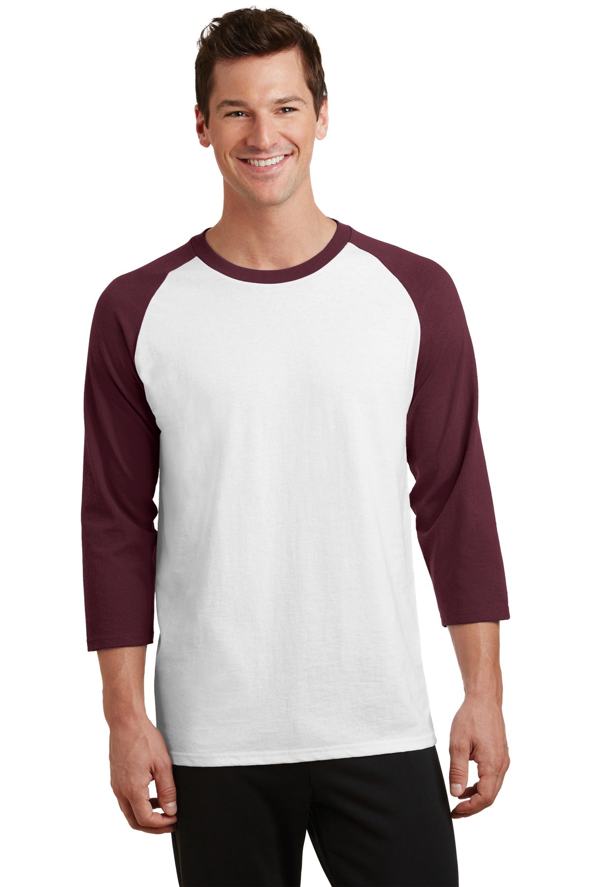 Front View of Wht/Ath Maroon Port & Company Core Blend 3/4-Sleeve Raglan Tee. PC55RS