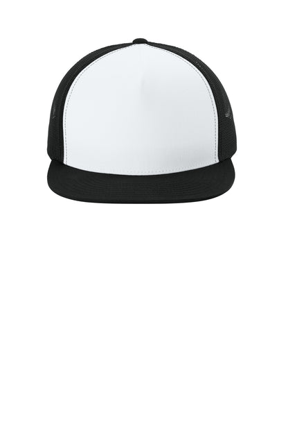 Front View of Wht/Bk/Bk Sport-Tek YP Classics 5-Panel Classic Trucker Mesh Back Cap. STC38