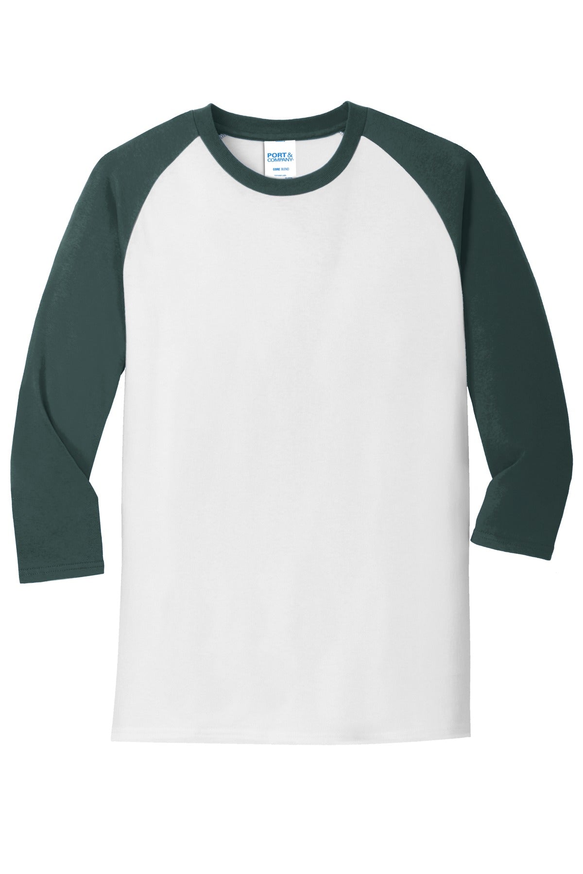 Front View of Wht/Dark Green Port & Company Core Blend 3/4-Sleeve Raglan Tee. PC55RS