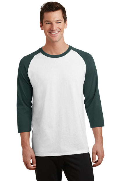 Front View of Wht/Dark Green Port & Company Core Blend 3/4-Sleeve Raglan Tee. PC55RS