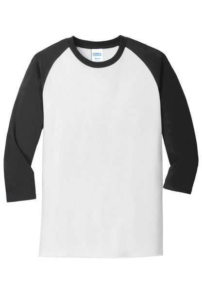 Front View of Wht/Jet Black Port & Company Core Blend 3/4-Sleeve Raglan Tee. PC55RS