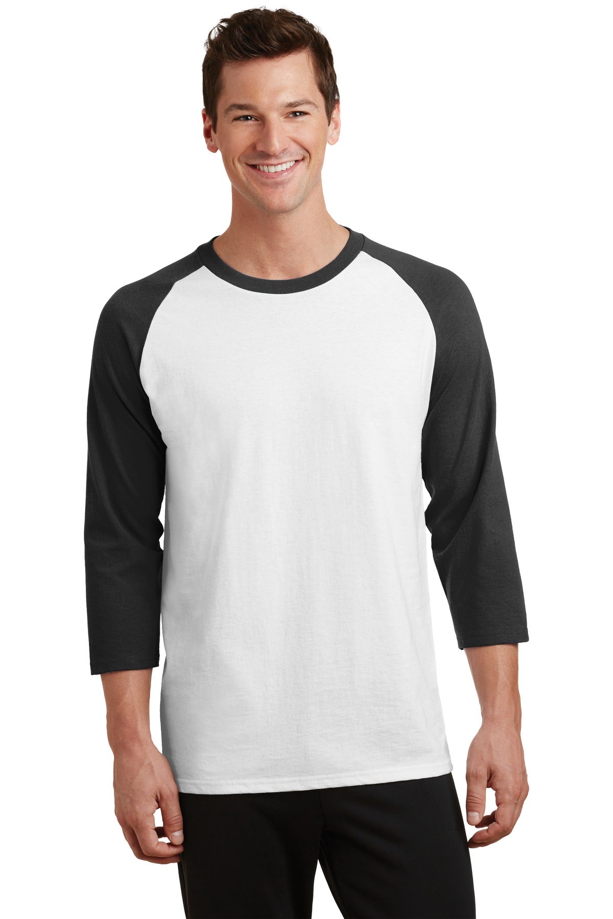 Front View of Wht/Jet Black Port & Company Core Blend 3/4-Sleeve Raglan Tee. PC55RS