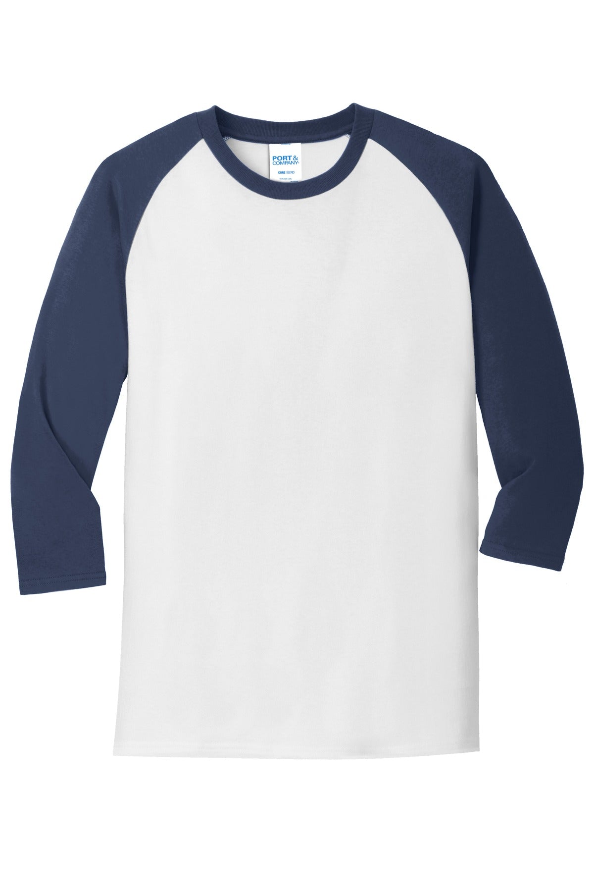 Front View of Wht/Navy Port & Company Core Blend 3/4-Sleeve Raglan Tee. PC55RS