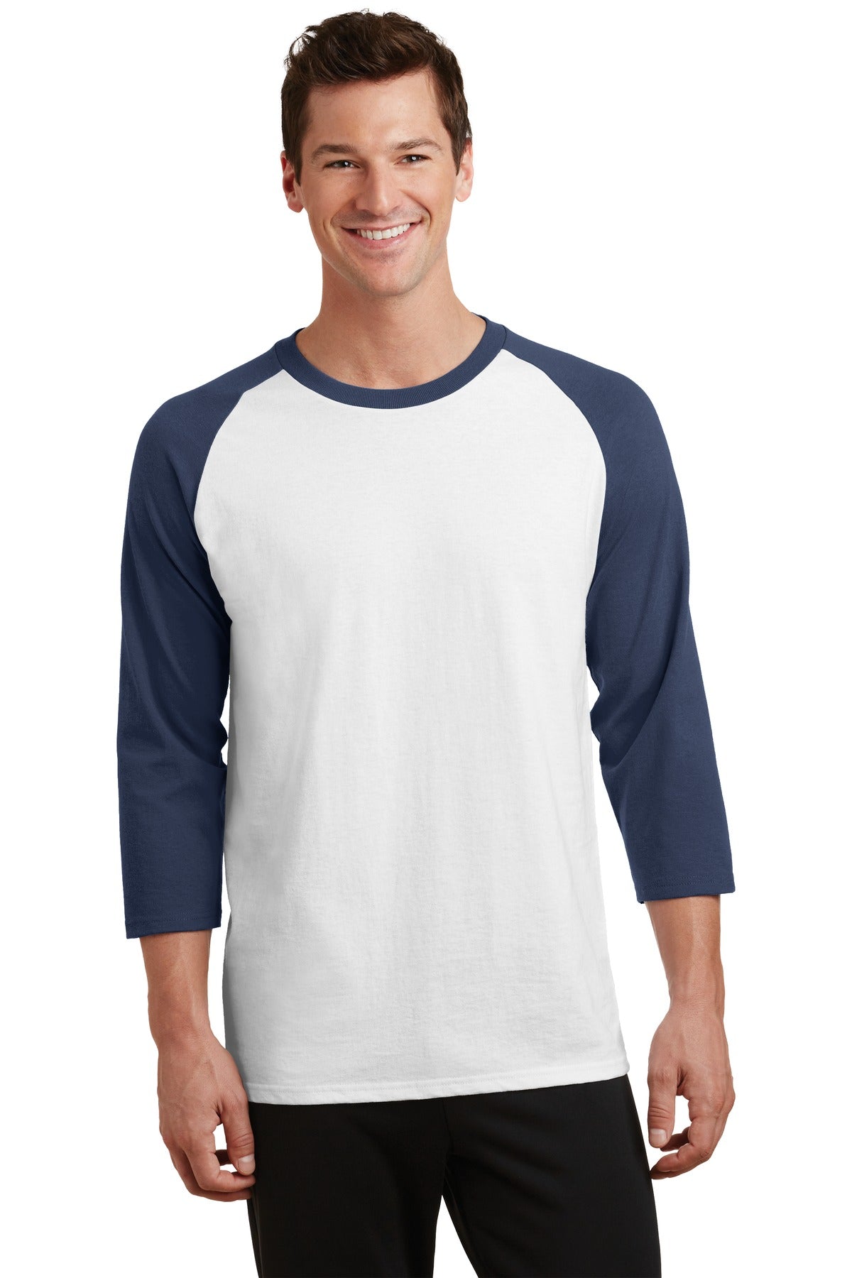 Front View of Wht/Navy Port & Company Core Blend 3/4-Sleeve Raglan Tee. PC55RS