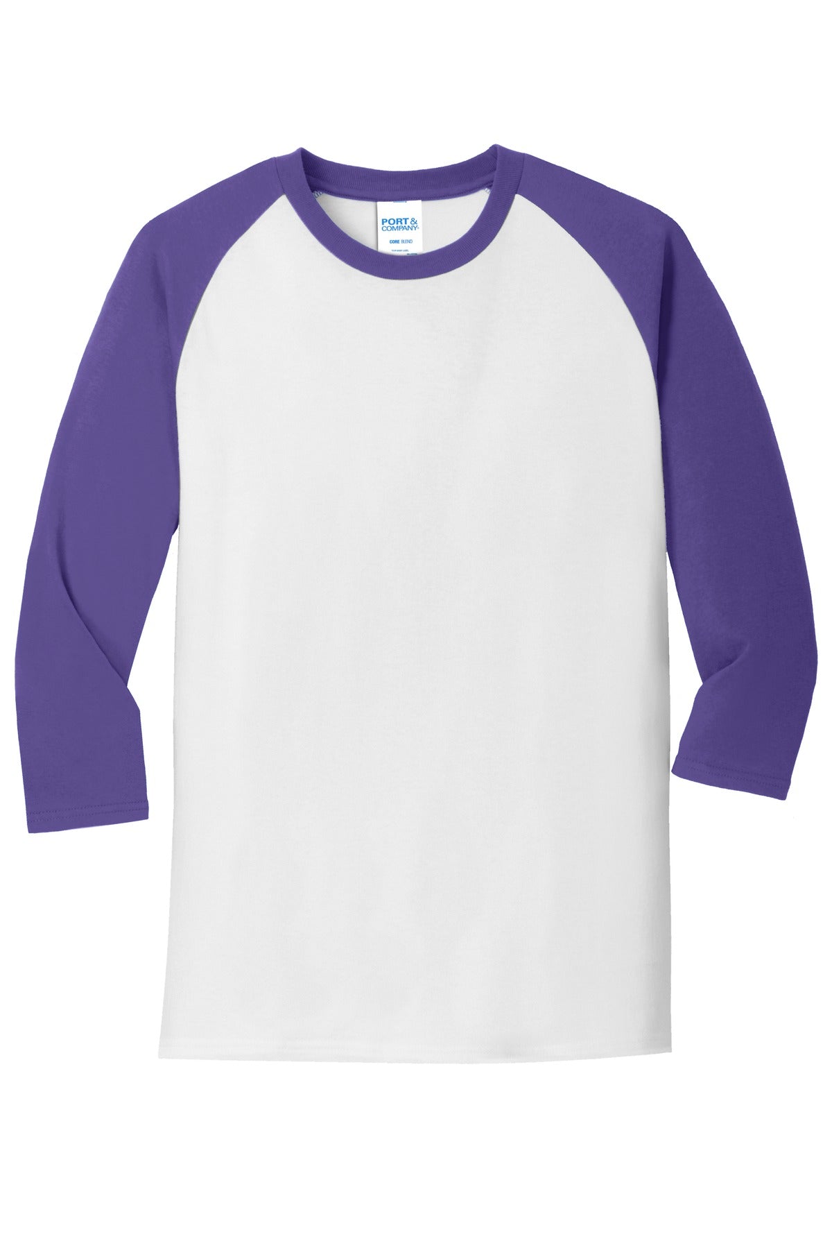 Front View of Wht/Purple Port & Company Core Blend 3/4-Sleeve Raglan Tee. PC55RS