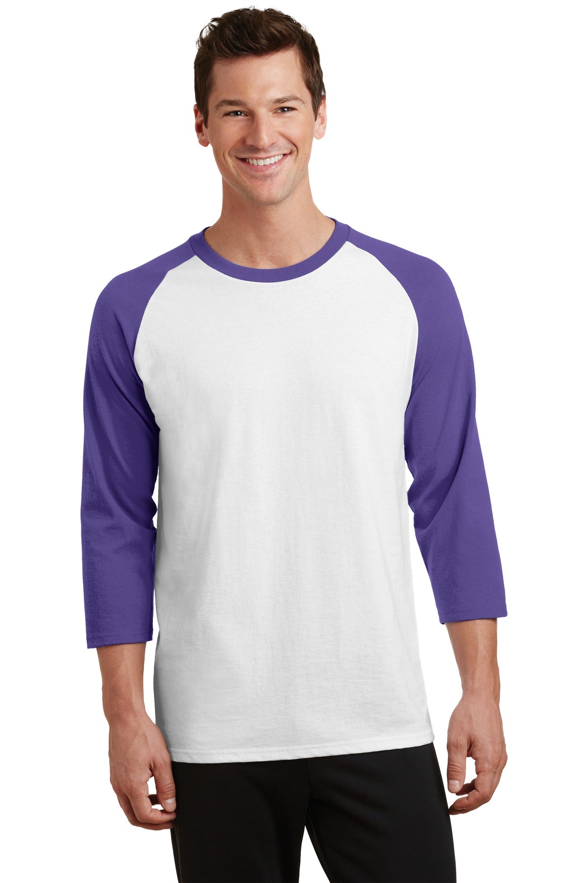 Front View of Wht/Purple Port & Company Core Blend 3/4-Sleeve Raglan Tee. PC55RS