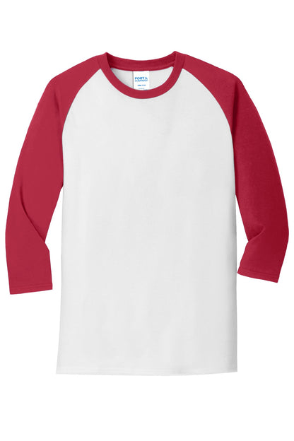 Front View of Wht/Red Port & Company Core Blend 3/4-Sleeve Raglan Tee. PC55RS