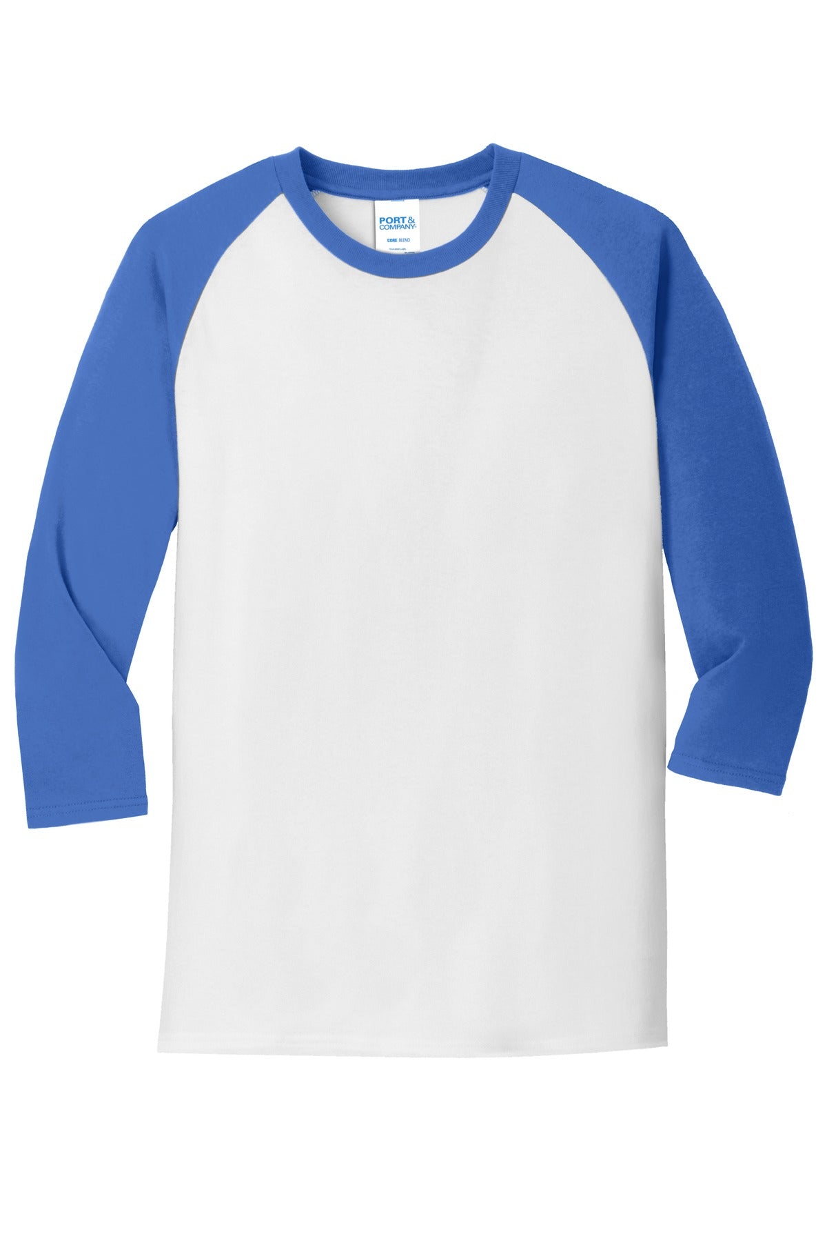 Front View of Wht/Royal Port & Company Core Blend 3/4-Sleeve Raglan Tee. PC55RS