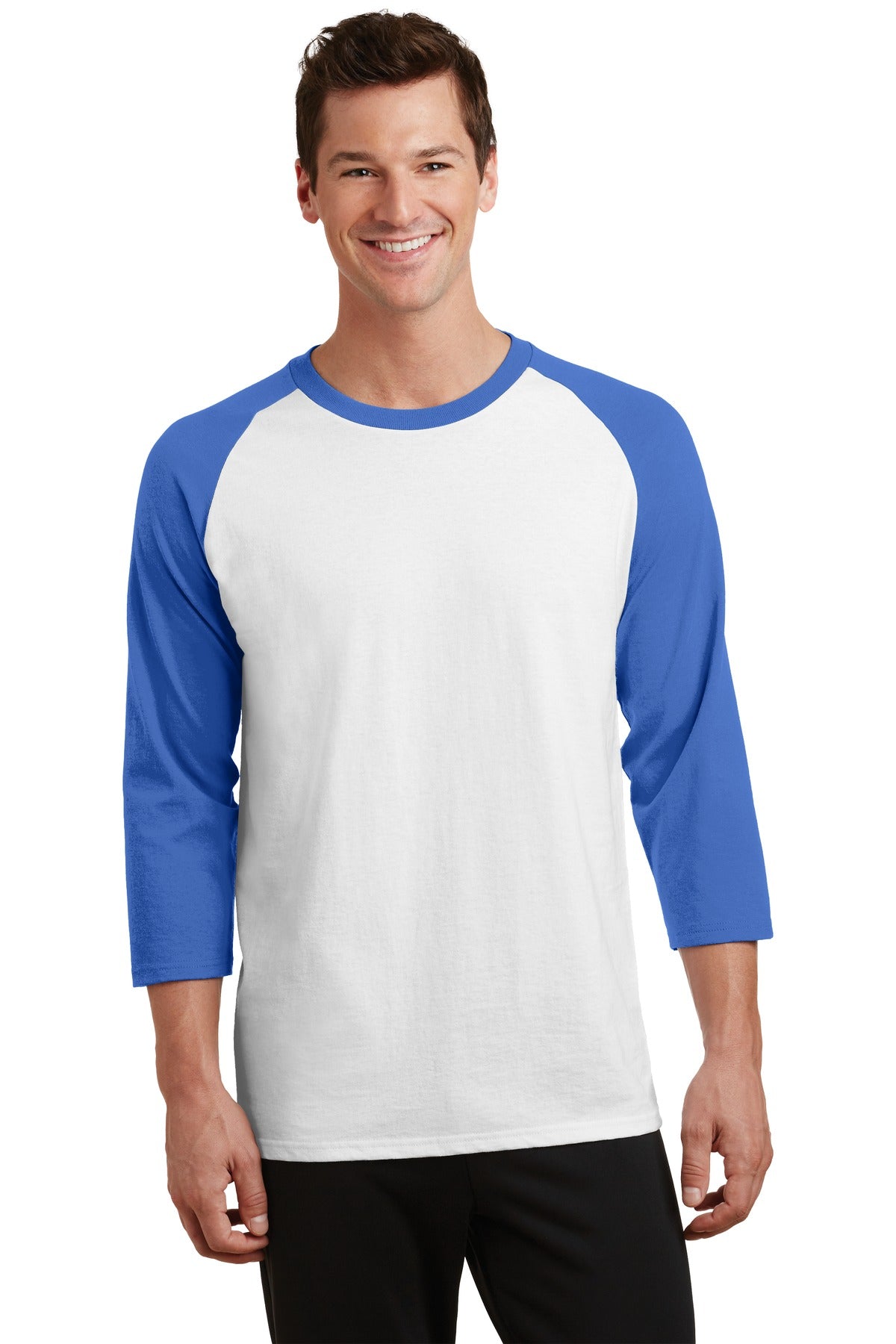 Front View of Wht/Royal Port & Company Core Blend 3/4-Sleeve Raglan Tee. PC55RS