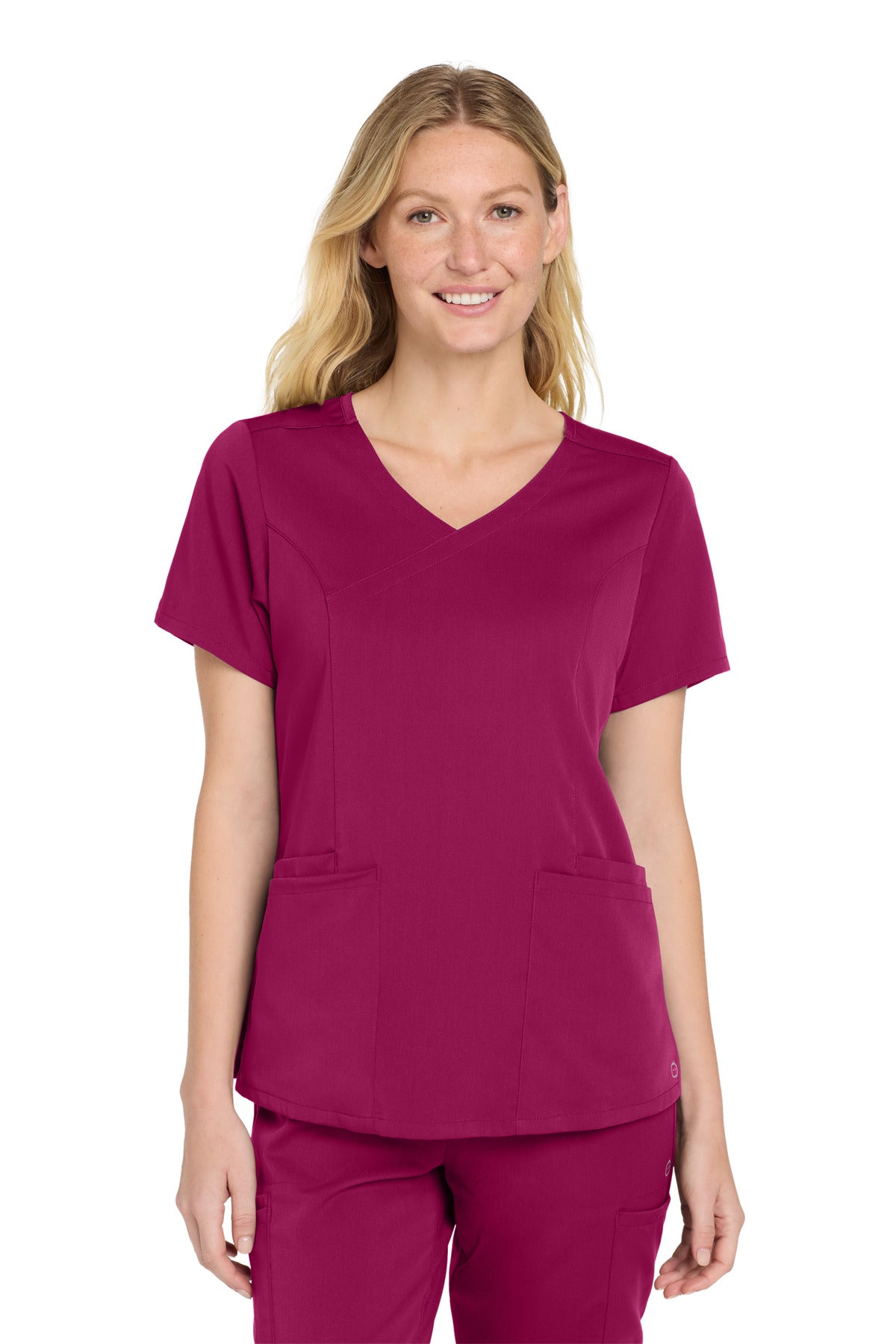 Front View of Wine Wink Women's Premiere Flex Mock Wrap Top WW4268