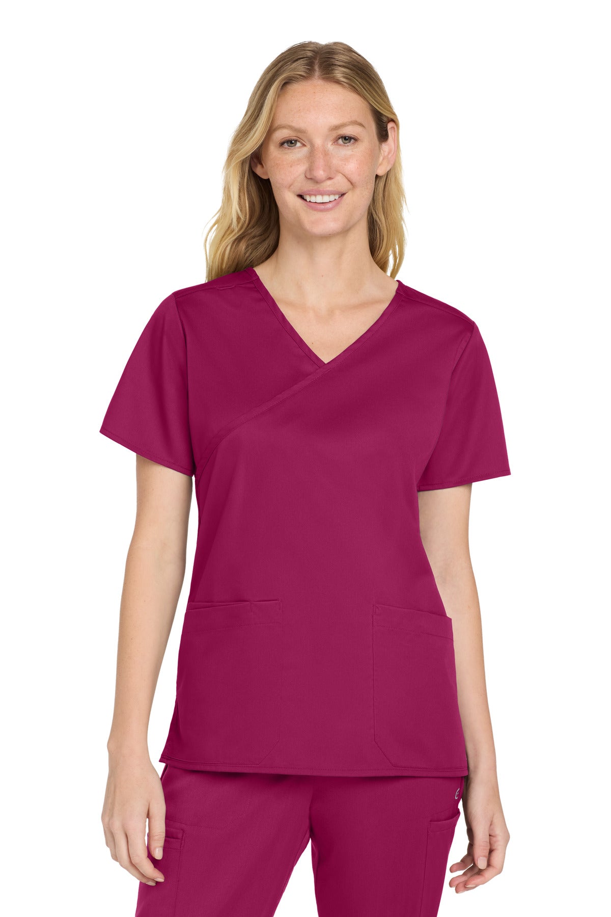 Front View of Wine Wink Women's WorkFlex Mock Wrap Top WW4760