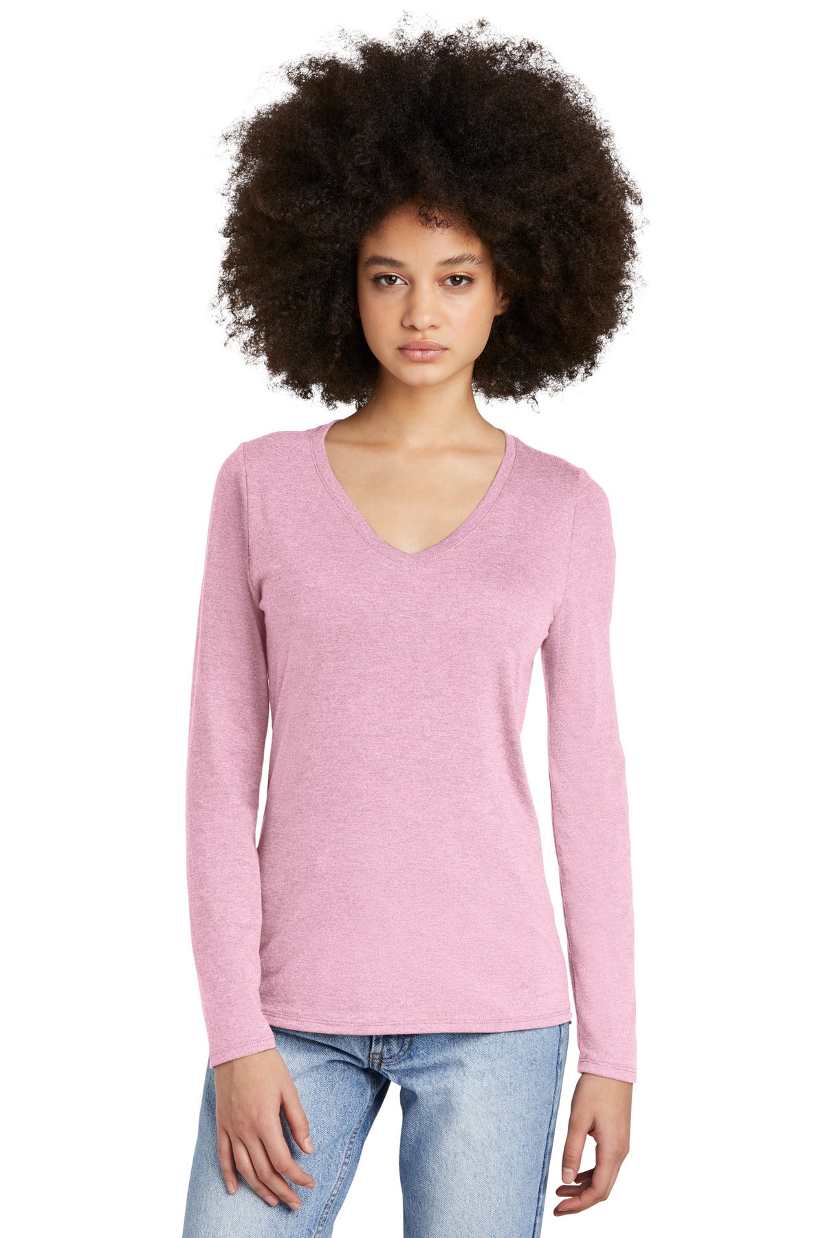 Front View of WstriaHthr District Women's Perfect Tri Long Sleeve V-Neck Tee DT135