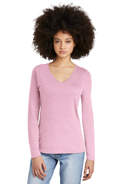 Front View of WstriaHthr District Women's Perfect Tri Long Sleeve V-Neck Tee DT135
