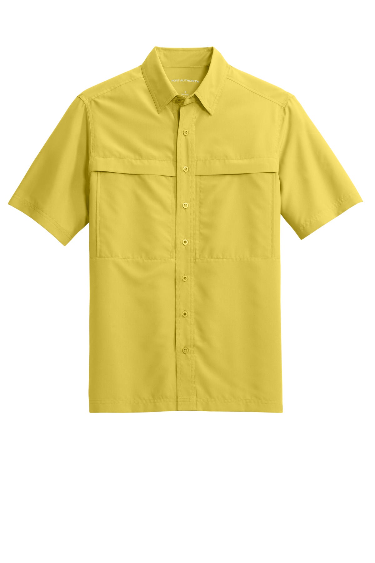 Front View of Yellow Port Authority Short Sleeve UV Daybreak Shirt W961