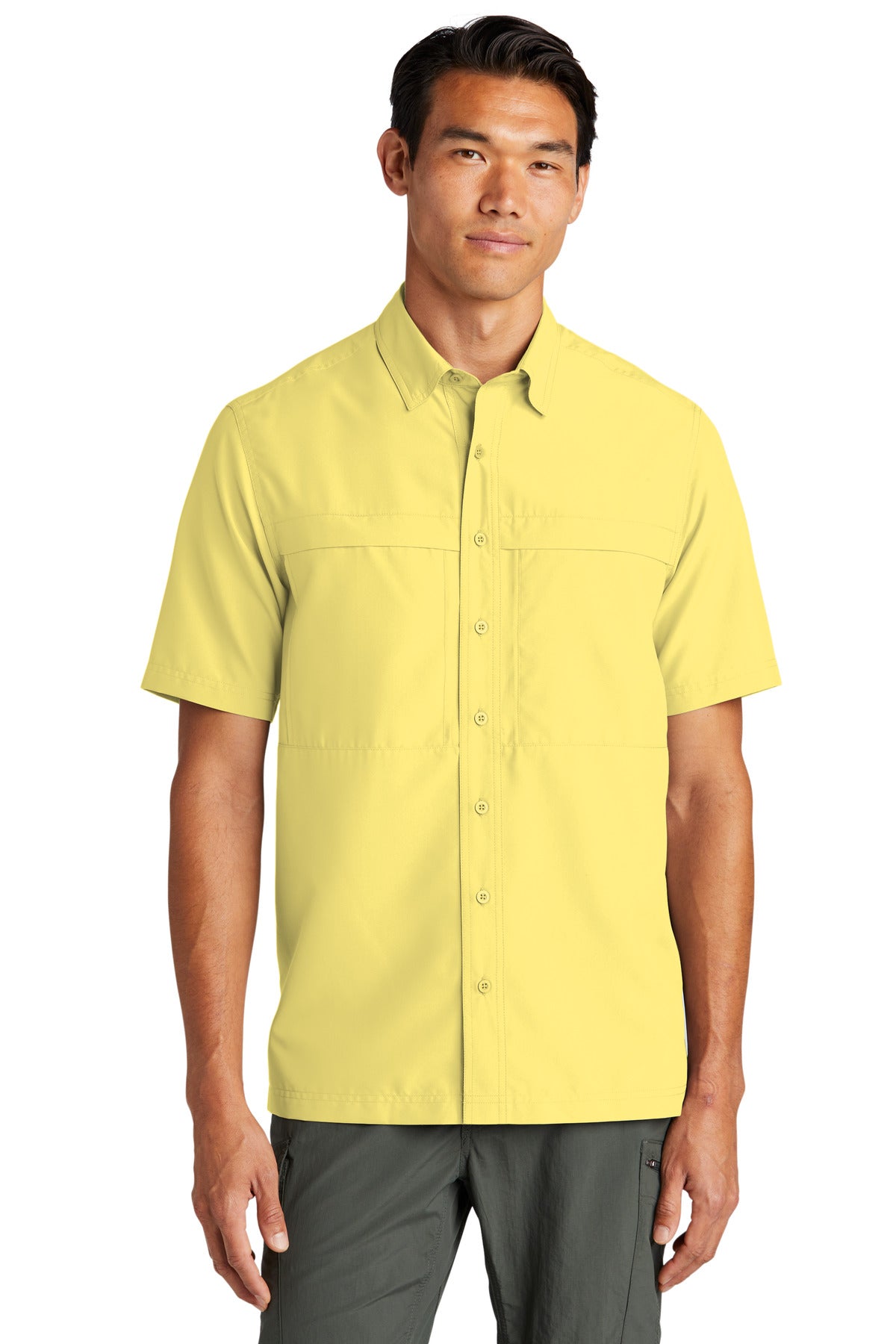 Front View of Yellow Port Authority Short Sleeve UV Daybreak Shirt W961