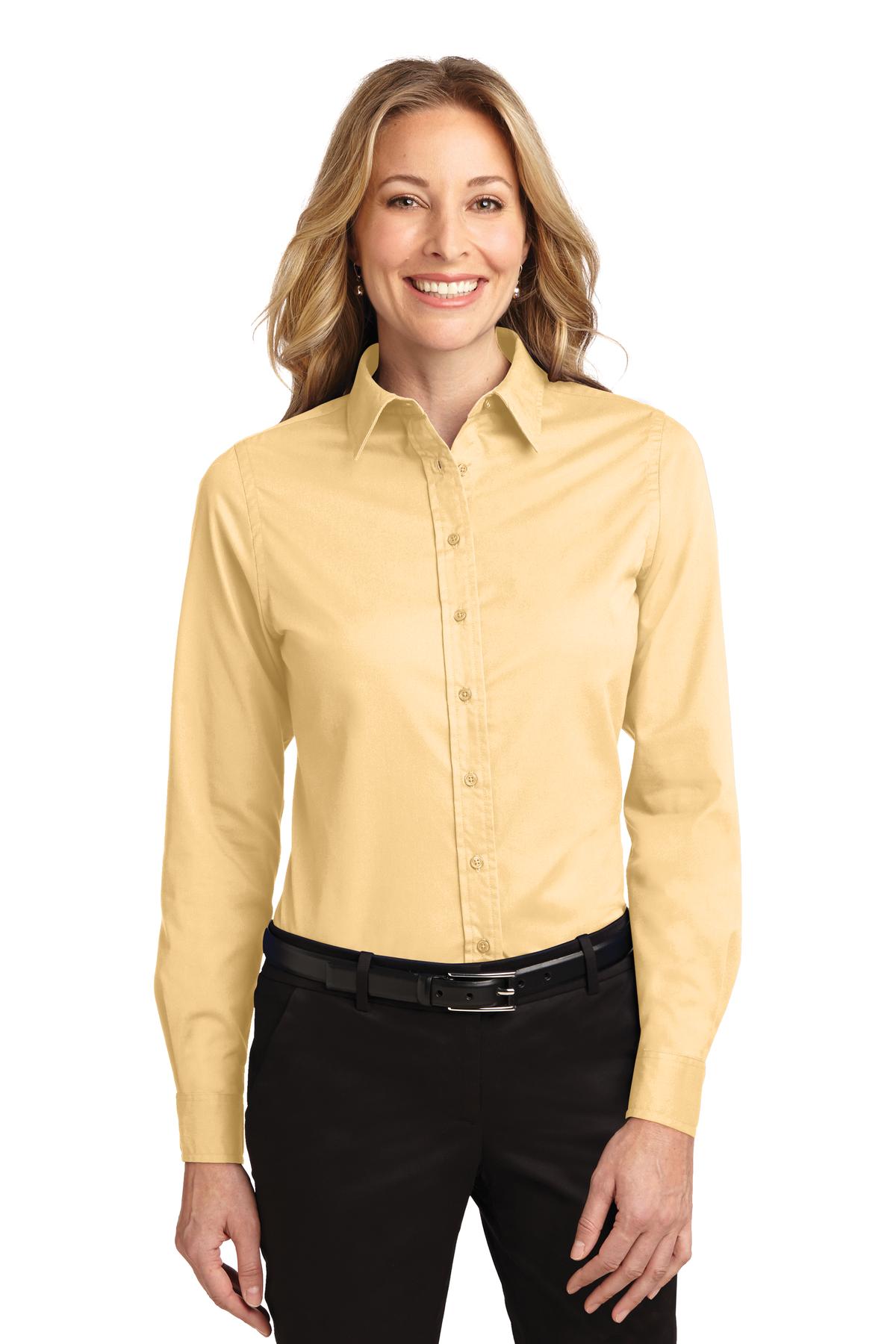 Front View of Yellow Port Authority Women's Long Sleeve Easy Care Shirt. L608