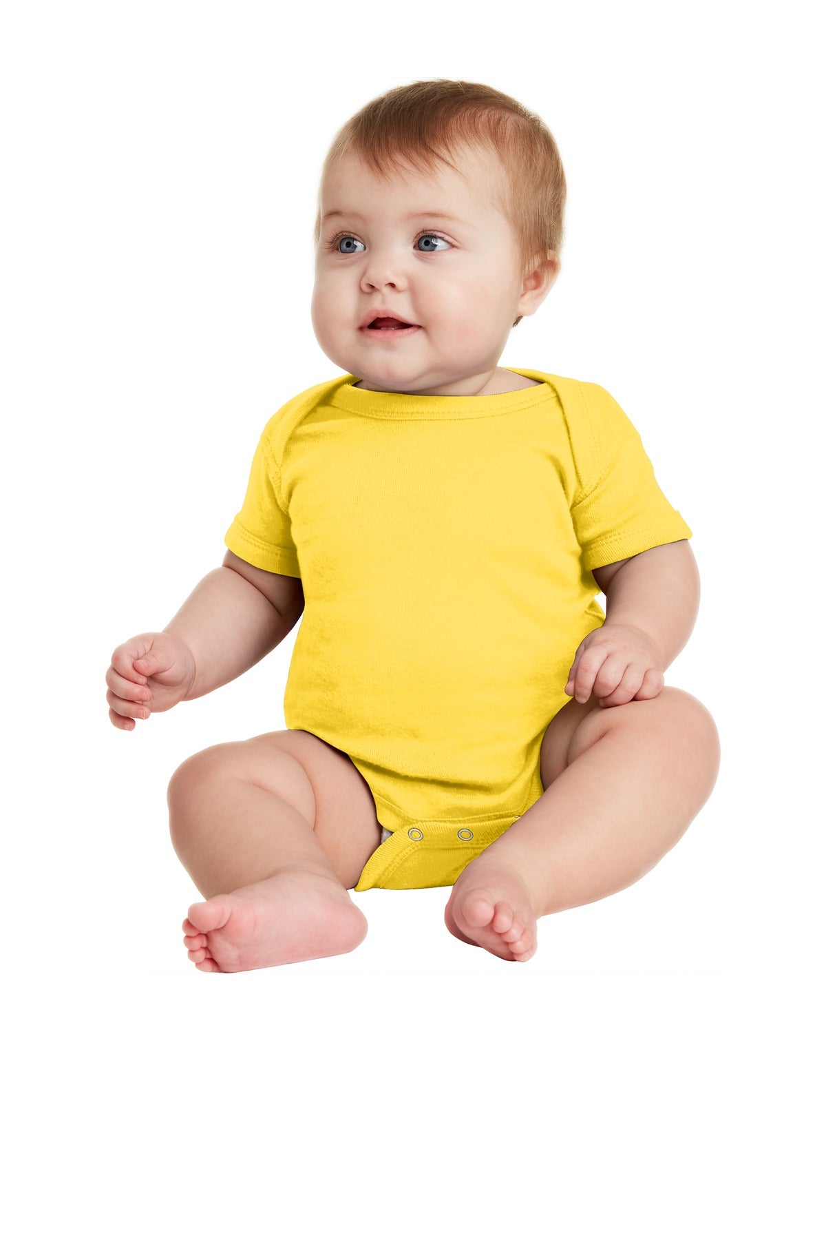 Front View of Yellow Rabbit Skins Infant Short Sleeve Baby Rib Bodysuit. RS4400