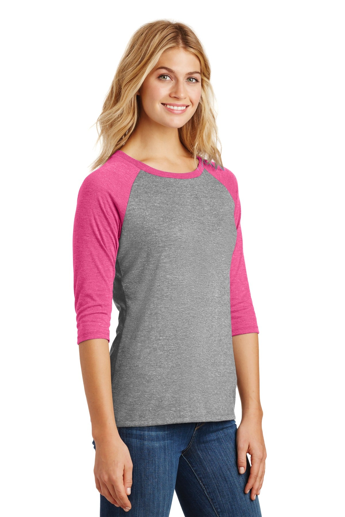 Fuchsia Fr/GyF District Women's Perfect Tri 3/4-Sleeve Raglan. DM136L