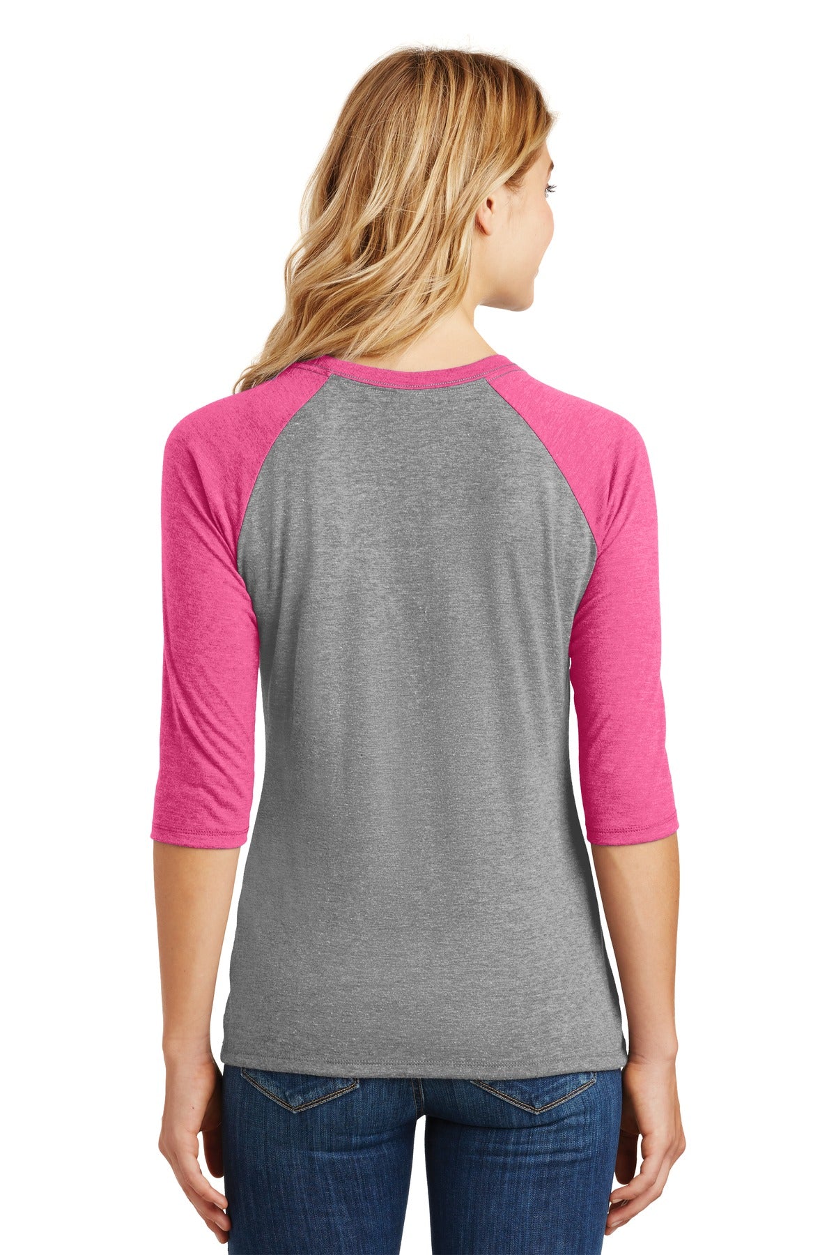 Fuchsia Fr/GyF District Women's Perfect Tri 3/4-Sleeve Raglan. DM136L