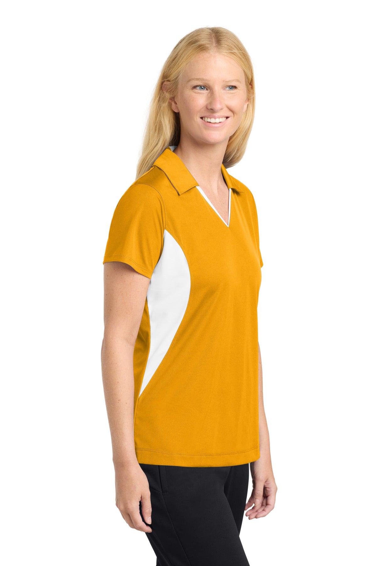 Gold/White Sport-Tek Women's Side Blocked Micropique Sport-Wick Polo. LST655