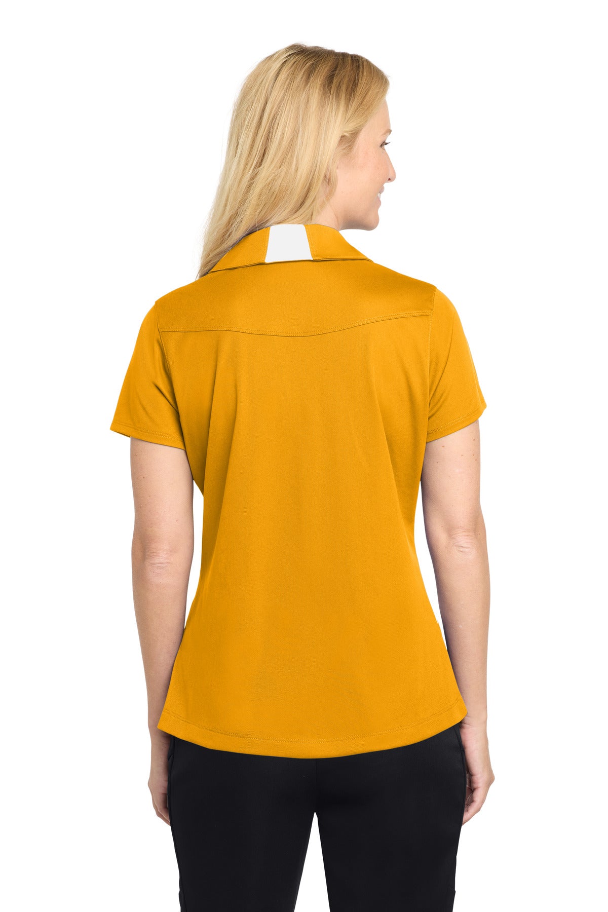 Gold/White Sport-Tek Women's Side Blocked Micropique Sport-Wick Polo. LST655
