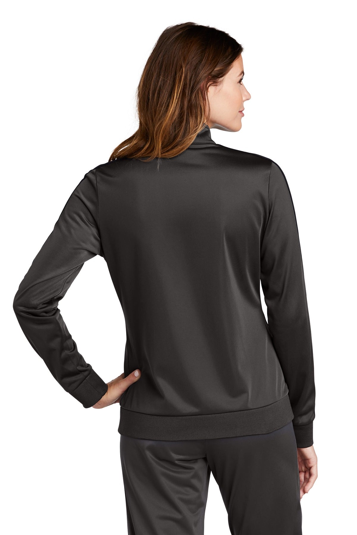 Graph Grey/Blk Sport-Tek Ladies Tricot Sleeve Stripe Track Jacket. LST94