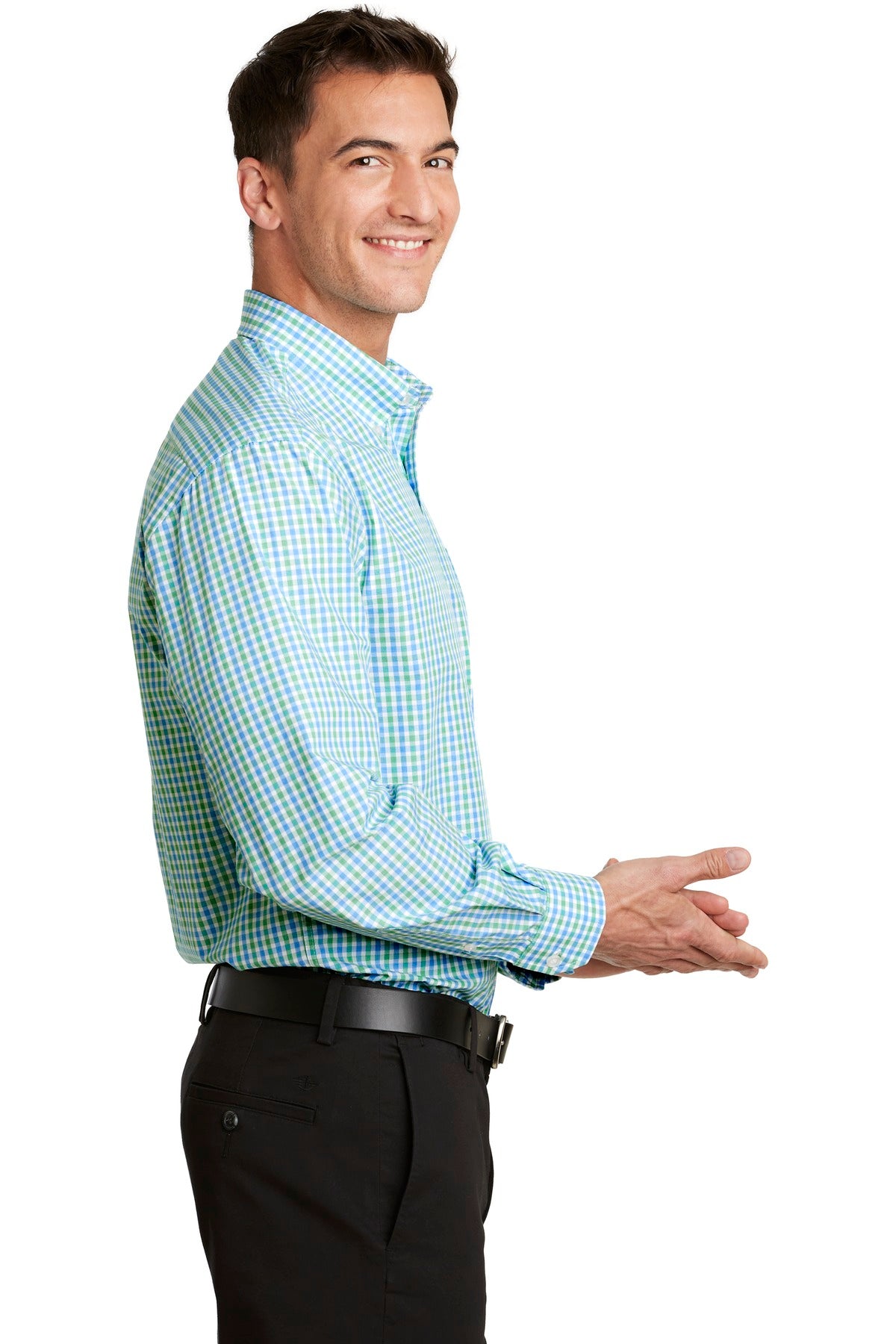 Green/Aqua Port Authority Long Sleeve Gingham Easy Care Shirt. S654