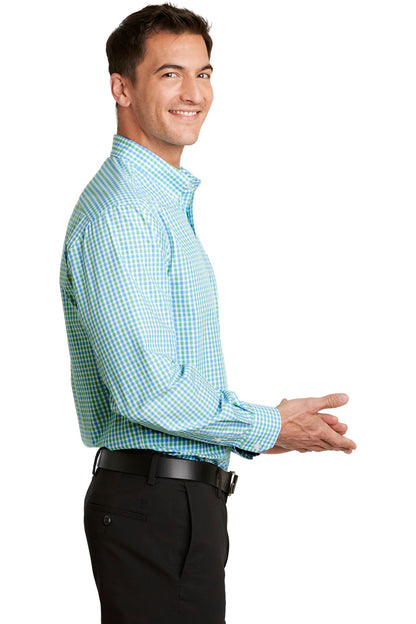 Green/Aqua Port Authority Long Sleeve Gingham Easy Care Shirt. S654