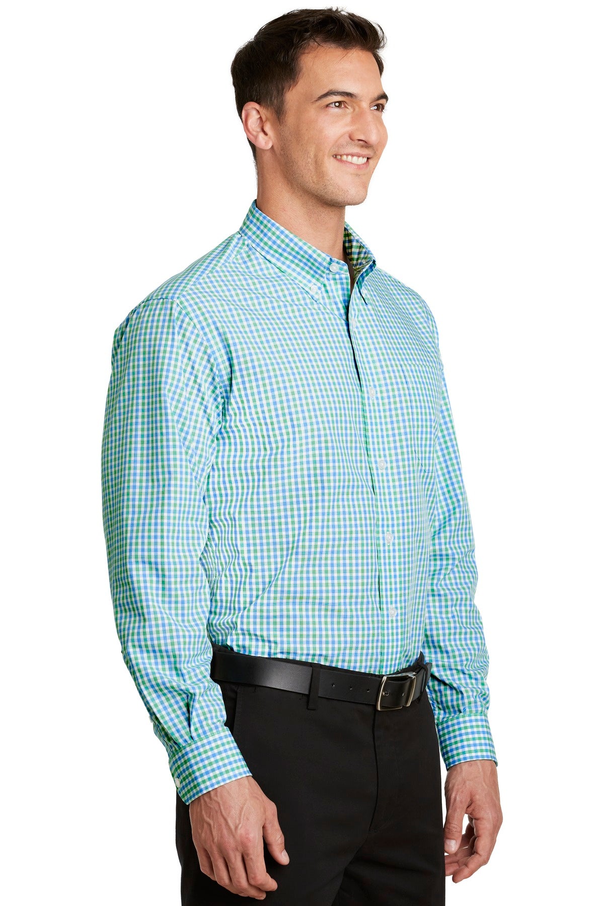 Green/Aqua Port Authority Long Sleeve Gingham Easy Care Shirt. S654