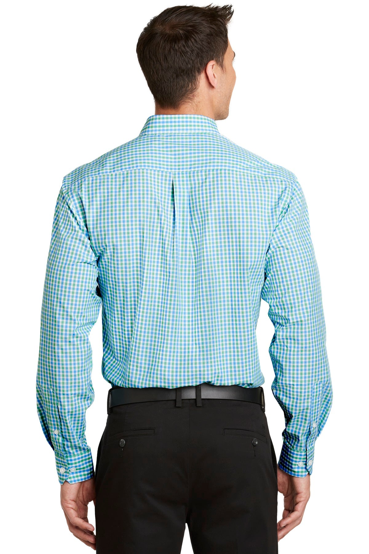 Green/Aqua Port Authority Long Sleeve Gingham Easy Care Shirt. S654