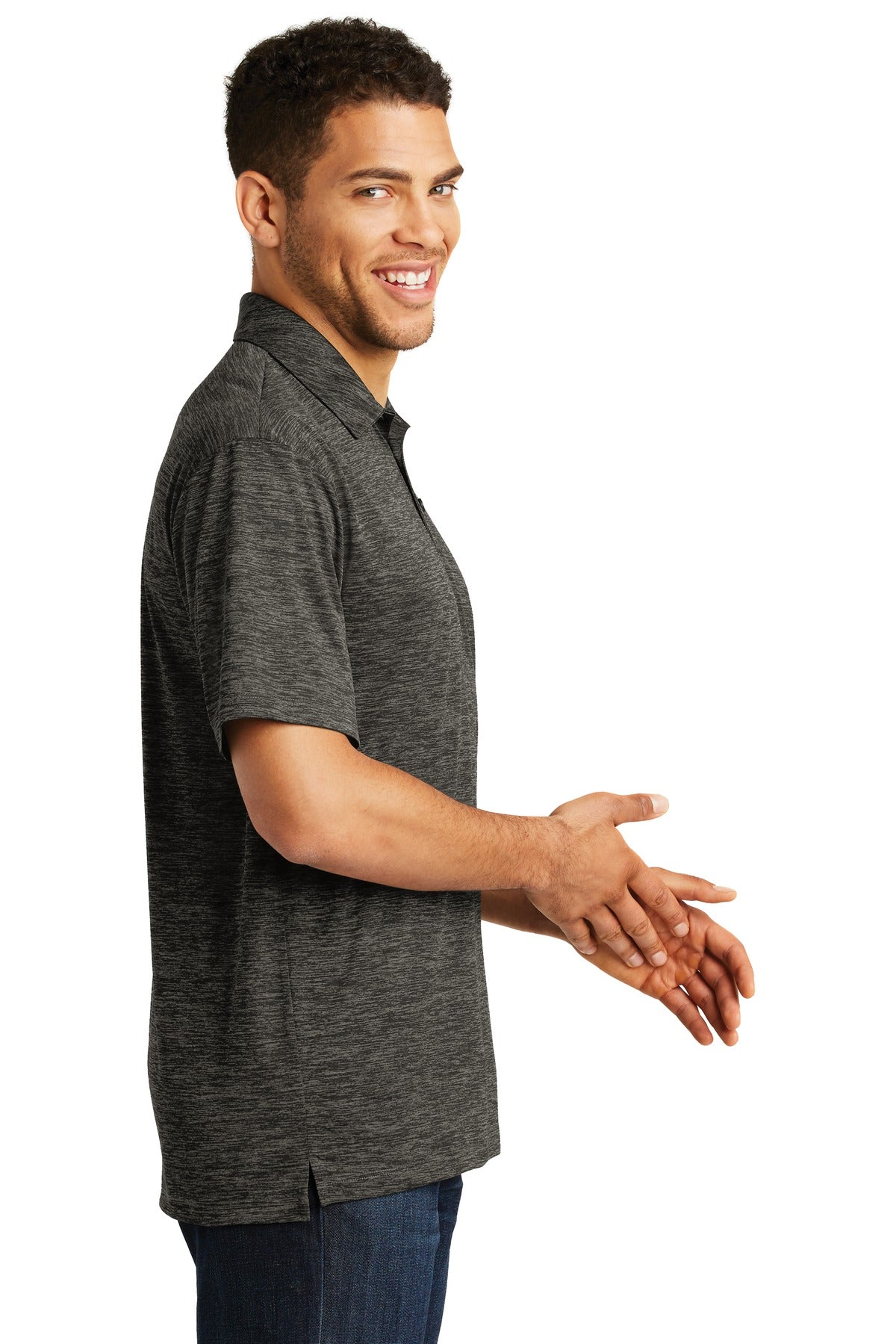 Grey-Black Ele Sport-Tek PosiCharge Electric Heather Polo. ST590