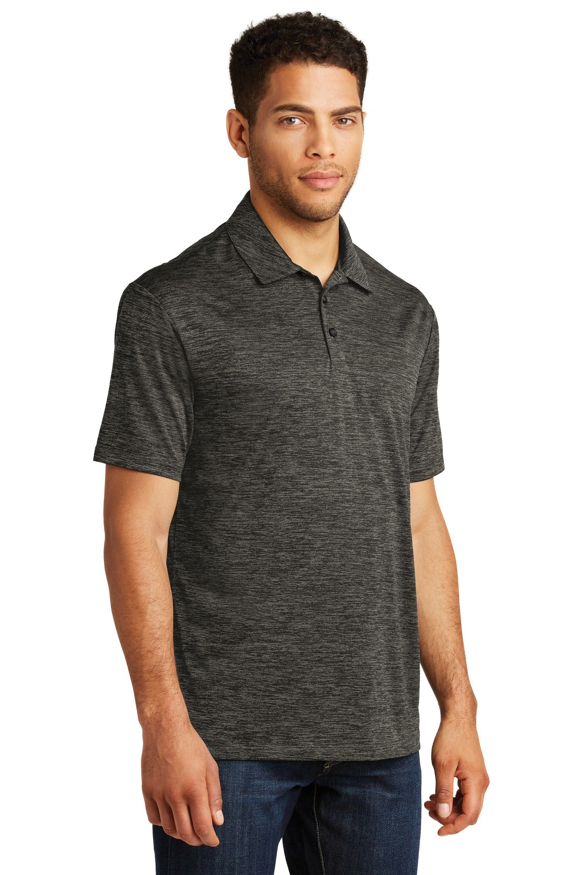 Grey-Black Ele Sport-Tek PosiCharge Electric Heather Polo. ST590