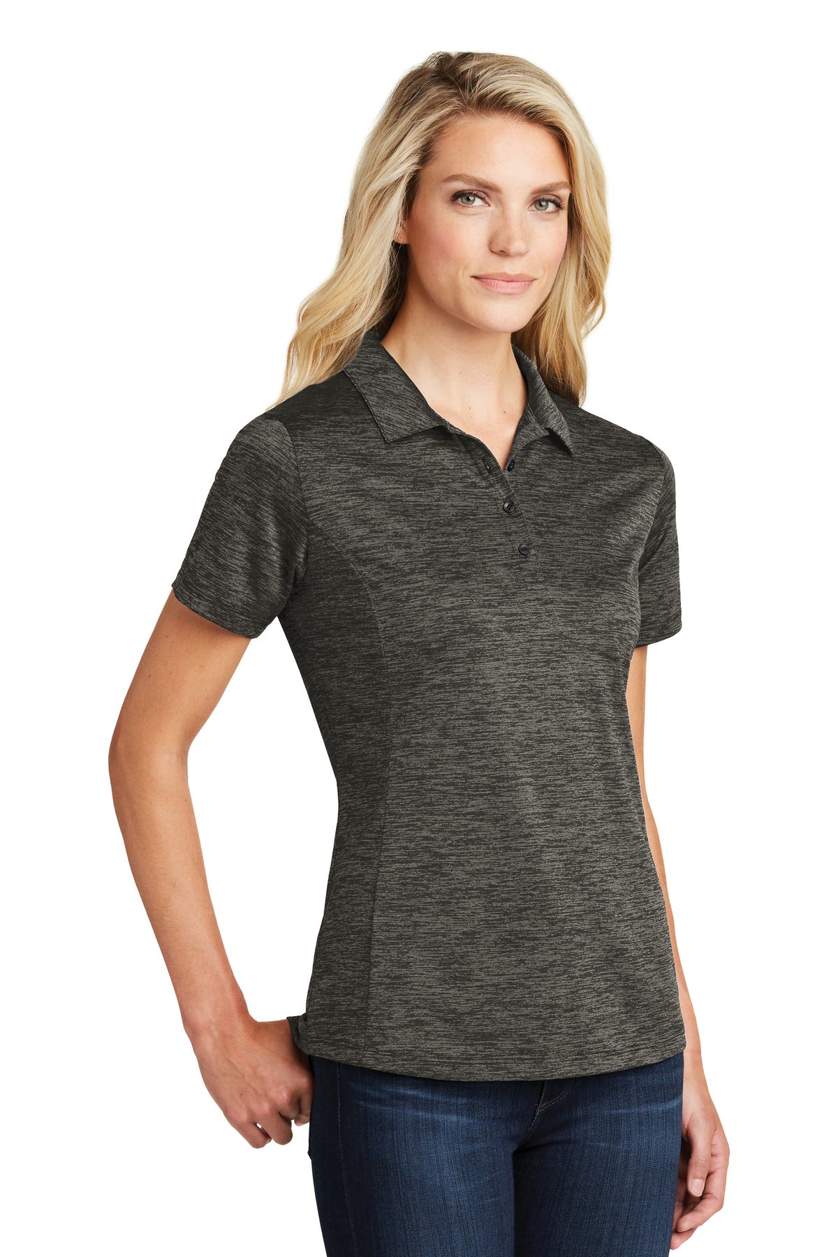 Grey-Black Ele Sport-Tek Women's PosiCharge Electric Heather Polo. LST590