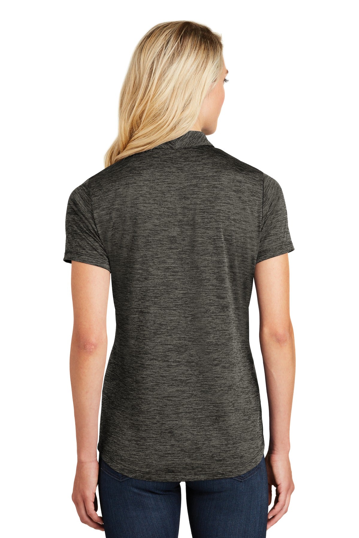Grey-Black Ele Sport-Tek Women's PosiCharge Electric Heather Polo. LST590
